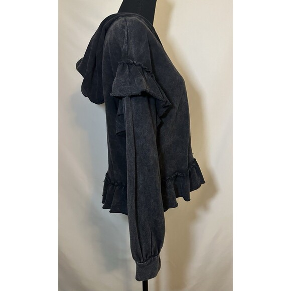 Anthropologie T. la Charcoal Ruffle Arm Hem V-Neck Hoodie Sweater Women's MEDIUM - Picture 4 of 8